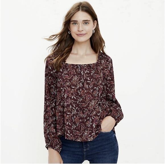 LOFT Square Neck Peplum Wine Burgandy Print Long Sleeve Top Large NWT - Picture 1 of 6